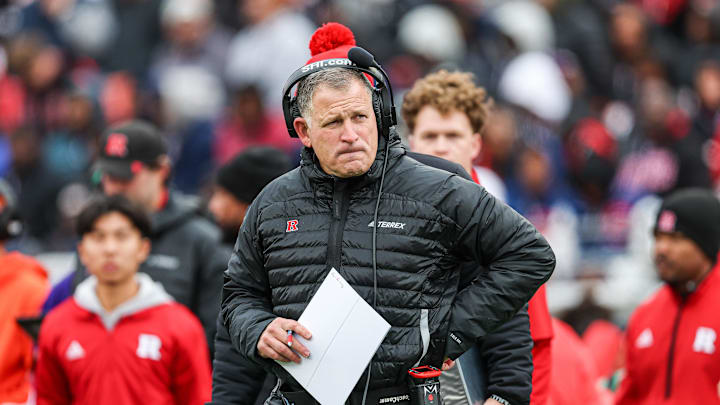 Nov 23, 2024; Piscataway, New Jersey, USA; Rutgers Scarlet Knights head coach Greg Schiano looks on during the first half against the Illinois Fighting Illini at SHI Stadium. Mandatory Credit: Vincent Carchietta-Imagn Images