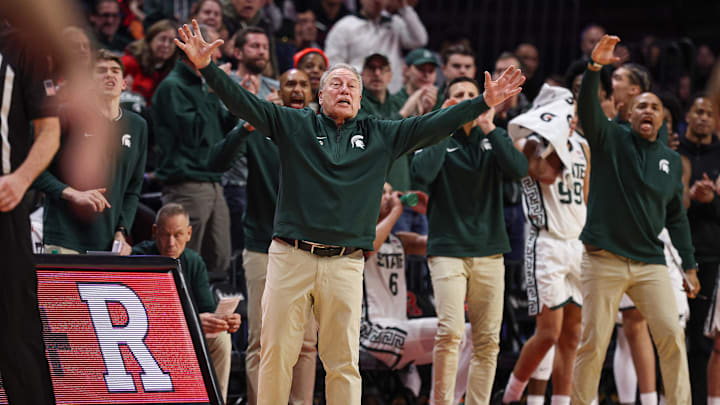 Jan 27, 2026; Piscataway, New Jersey, USA; Michigan State Spartans head coach Tom Izzo reacts during the second half against the Rutgers Scarlet Knights at Jersey Mike's Arena. Mandatory Credit: Vincent Carchietta-Imagn Images