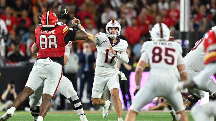 Sep 19, 2026; College Park, Maryland, USA; Virginia Tech Hokies quarterback Ethan Grunkemeyer (17) passes downfield in the first half against the Maryland Terrapins at SECU Stadium. Mandatory Credit: Jamie Sabau-Imagn Images Sep 19, 2026; College Park, Maryland, USA; Virginia Tech Hokies quarterback Ethan Grunkemeyer (17) passes downfield in the first half against the Maryland Terrapins at SECU Stadium. Mandatory Credit: Jamie Sabau-Imagn Images