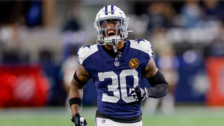 Nov 28, 2024; Arlington, Texas, USA; Dallas Cowboys safety Juanyeh Thomas (30) runs on to the field prior to the game against the New York Giants at AT&T Stadium. Mandatory Credit: Andrew Dieb-Imagn Images