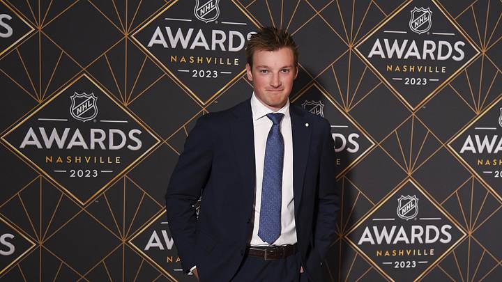 Jun 26, 2023; Nashville, Tennessee, USA; Colorado Avalanche defense Cale Makar arrives on the red carpet before the 2023 NHL Awards at Bridgestone Arena. Mandatory Credit: Christopher Hanewinckel-Imagn Images