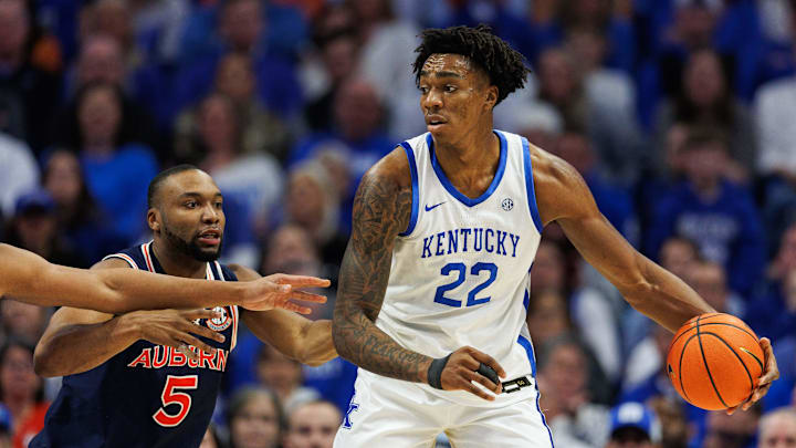 Mar 1, 2025; Lexington, Kentucky, USA; Kentucky Wildcats center Amari Williams (22) handles the ball during the first half against the Auburn Tigers at Rupp Arena at Central Bank Center. Mandatory Credit: Jordan Prather-Imagn Images