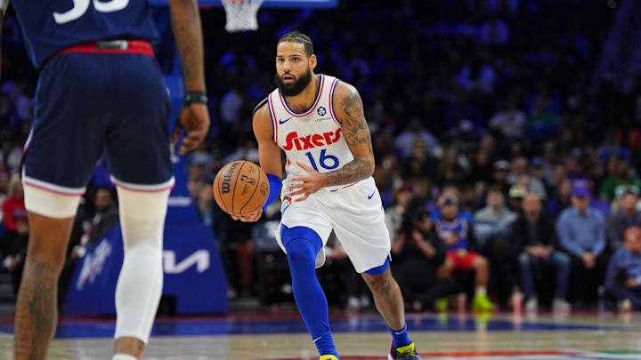 Nov 24, 2024; Philadelphia, Pennsylvania, USA; Philadelphia 76ers forward Caleb Martin (16) controls the ball against the Los Angeles Clippers in the first quarter at Wells Fargo Center. Mandatory Credit: Kyle Ross-Imagn Images