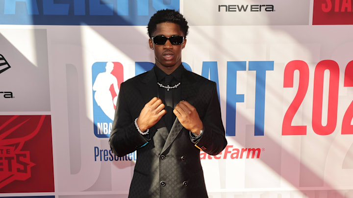 Jun 25, 2025; Brooklyn, NY, USA; VJ Edgecombe arrives before the first round of the 2025 NBA Draft at Barclays Center. Mandatory Credit: Brad Penner-Imagn Images