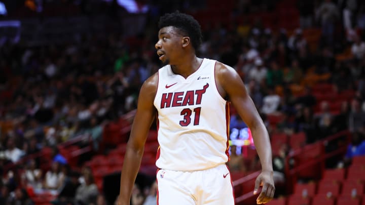 Mar 29, 2024; Miami, Florida, USA; Miami Heat center Thomas Bryant (31) looks on after scoring against the Portland Trail Blazers during the fourth quarter at Kaseya Center. Mandatory Credit: Sam Navarro-USA TODAY Sports