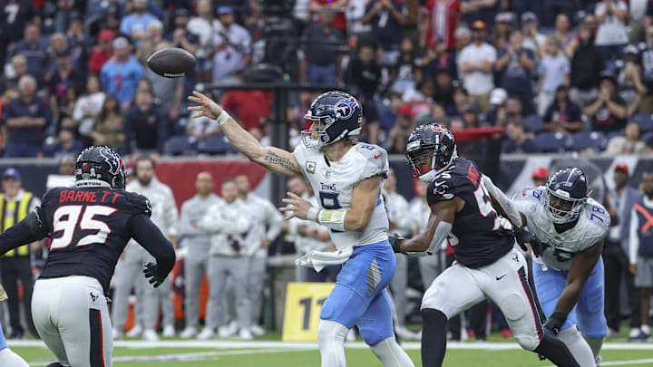Nov 24, 2024; Houston, Texas, USA; Tennessee Titans quarterback Will Levis (8) passes the ball during the fourth quarter against the Houston Texans at NRG Stadium. Mandatory Credit: Troy Taormina-Imagn Images