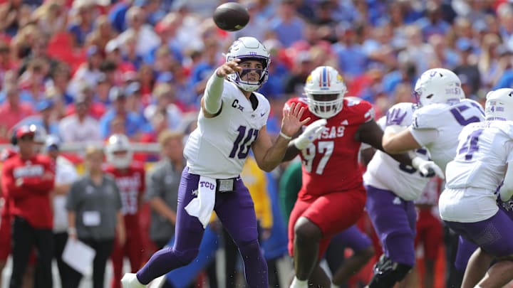 TCU Horned Frogs quarterback Josh Hoover (10) throws a pass during the first quarter of the game against Kansas Jayhawks Saturday, September 28, 2024, at GEHA Field at Arrowhead Stadium.