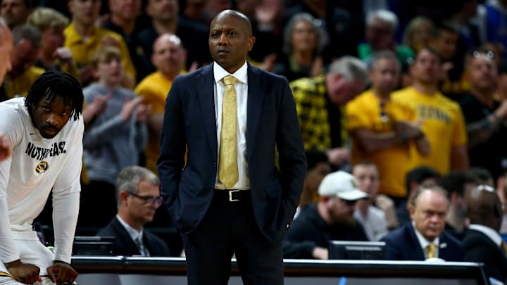 Mar 20, 2025; Wichita, KS, USA; Missouri Tigers head coach Dennis Gates in the first half of a first round men’s NCAA Tournament game against the Drake Bulldogs at Intrust Bank Arena. Mandatory Credit: Nick Tre. Smith-Imagn Images Mar 20, 2025; Wichita, KS, USA; Missouri Tigers head coach Dennis Gates in the first half of a first round men’s NCAA Tournament game against the Drake Bulldogs at Intrust Bank Arena. Mandatory Credit: Nick Tre. Smith-Imagn Images
