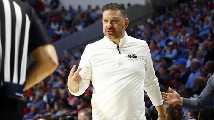 Feb 15, 2025; Oxford, Mississippi, USA; Mississippi Rebels head coach Chris Beard reacts toward an official during the first half against the Mississippi State Bulldogs at The Sandy and John Black Pavilion at Ole Miss. Mandatory Credit: Petre Thomas-Imagn Images Feb 15, 2025; Oxford, Mississippi, USA; Mississippi Rebels head coach Chris Beard reacts toward an official during the first half against the Mississippi State Bulldogs at The Sandy and John Black Pavilion at Ole Miss. Mandatory Credit: Petre Thomas-Imagn Images