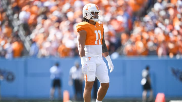 Tennessee linebacker Keenan Pili (11) is seen on the field during a game between Tennessee and Virginia in Nissan Stadium in Nashville, Tenn., Saturday, Sept. 2, 2023. Tennessee linebacker Keenan Pili (11) is seen on the field during a game between Tennessee and Virginia in Nissan Stadium in Nashville, Tenn., Saturday, Sept. 2, 2023.