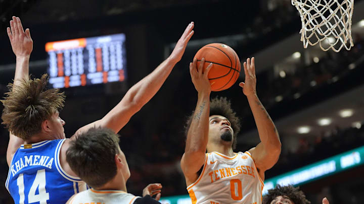 Tennessee guard Ja’Kobi Gillespie (0) gets to the basket during a college basketball exhibition game against Duke on October 26, 2025, in Knoxville, Tenn. Tennessee guard Ja’Kobi Gillespie (0) gets to the basket during a college basketball exhibition game against Duke on October 26, 2025, in Knoxville, Tenn.