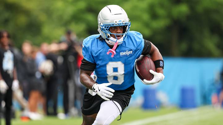 Aug 2, 2026; Allen Park, MI, USA; Detroit Lions wide receiver Greg Dortch (8) carries the ball during Detroit Lions training camp at Meijer Performance Center. Mandatory Credit: Paul Barnick-Imagn Images