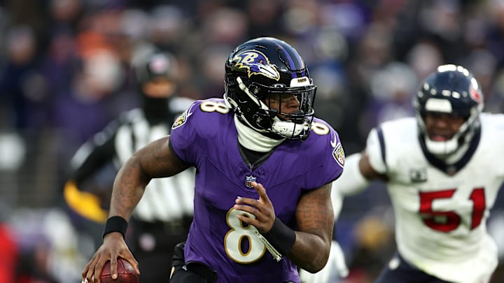 Lamar Jackson escapes the rush and gains yards with his legs in an AFC Divisional Round game last week against the Houston Texans. If the Chiefs are going to win on Sunday and advance to the Super Bowl they must keep Jackson in the pocket.