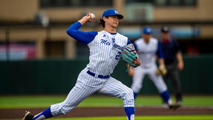 Memorial's Matthew Fisher (2) pitches as the Memorial Tigers play the Silver Creek Dragons in the 2024 IHSAA Baseball semistate at Braun Stadium in Evansville, Ind., Saturday, June 8, 2024.