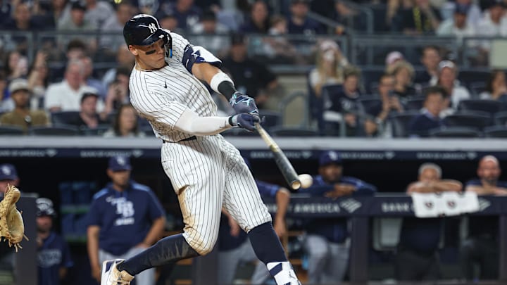 New York Yankees right fielder Aaron Judge (99) doubles during the fifth inning against the Tampa Bay Rays at Yankee Stadium on May 2.