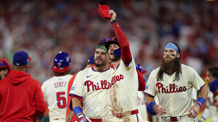 Oct 6, 2024; Philadelphia, Pennsylvania, USA; Philadelphia Phillies shortstop Trea Turner (R) and designated hitter Kyle Schwarber (L) celebrate a victory against the New York Mets in game two of the NLDS for the 2024 MLB Playoffs at Citizens Bank Park. Oct 6, 2024; Philadelphia, Pennsylvania, USA; Philadelphia Phillies shortstop Trea Turner (R) and designated hitter Kyle Schwarber (L) celebrate a victory against the New York Mets in game two of the NLDS for the 2024 MLB Playoffs at Citizens Bank Park.