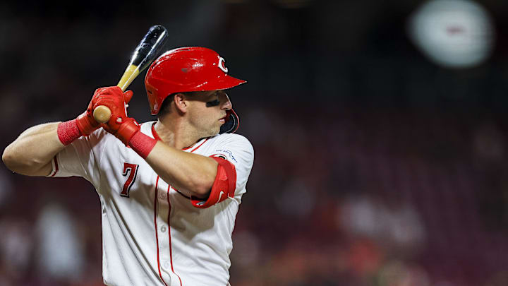 Sep 18, 2024; Cincinnati, Ohio, USA; Cincinnati Reds outfielder Spencer Steer (7) at bat in the eighth inning against the Atlanta Braves at Great American Ball Park. Mandatory Credit: Katie Stratman-Imagn Images Sep 18, 2024; Cincinnati, Ohio, USA; Cincinnati Reds outfielder Spencer Steer (7) at bat in the eighth inning against the Atlanta Braves at Great American Ball Park. Mandatory Credit: Katie Stratman-Imagn Images