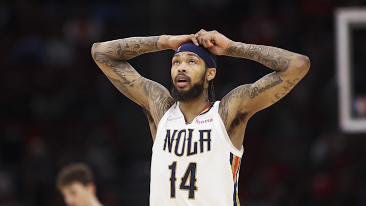 New Orleans Pelicans forward Brandon Ingram (14) looks up during the fourth quarter against the Houston Rockets at Toyota Center. 