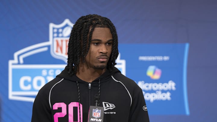 Feb 26, 2026; Indianapolis, IN, USA; Tennessee defensive back Jermod McCoy (DB20) speaks to media members during the NFL Combine at the Indiana Convention Center. Mandatory Credit: Jacob Musselman-Imagn Images Feb 26, 2026; Indianapolis, IN, USA; Tennessee defensive back Jermod McCoy (DB20) speaks to media members during the NFL Combine at the Indiana Convention Center. Mandatory Credit: Jacob Musselman-Imagn Images