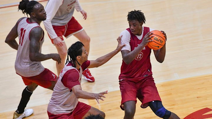 Alabama forward Aiden Sherrell (22) is defended by Alabama forward Jarin Stevenson (15). The University of Alabama men’s basketball teams works out in practice Thursday, Sept. 26, 2024.