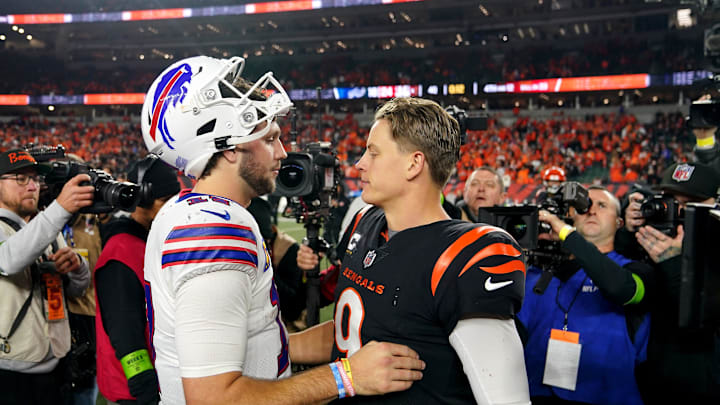 Buffalo Bills quarterback Josh Allen (17) and Cincinnati Bengals quarterback Joe Burrow (9) shake hands at the conclusion of a Week 9 NFL football game between the Buffalo Bills and the Cincinnati Bengals, Monday, Nov. 6, 2023, at Paycor Stadium in Cincinnati. Buffalo Bills quarterback Josh Allen (17) and Cincinnati Bengals quarterback Joe Burrow (9) shake hands at the conclusion of a Week 9 NFL football game between the Buffalo Bills and the Cincinnati Bengals, Monday, Nov. 6, 2023, at Paycor Stadium in Cincinnati.
