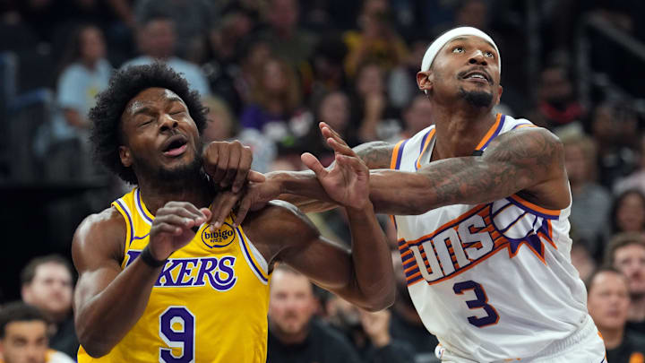 Oct 17, 2024; Phoenix, Arizona, USA; Los Angeles Lakers guard Bronny James (9) and Phoenix Suns guard Bradley Beal (3) battle for position during the second half at Footprint Center. Mandatory Credit: Joe Camporeale-Imagn Images Oct 17, 2024; Phoenix, Arizona, USA; Los Angeles Lakers guard Bronny James (9) and Phoenix Suns guard Bradley Beal (3) battle for position during the second half at Footprint Center. Mandatory Credit: Joe Camporeale-Imagn Images