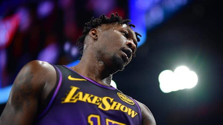 Jan 19, 2025; Inglewood, California, USA; Los Angeles Lakers forward Dorian Finney-Smith (17) reacts during the second half at Intuit Dome. Mandatory Credit: Gary A. Vasquez-Imagn Images