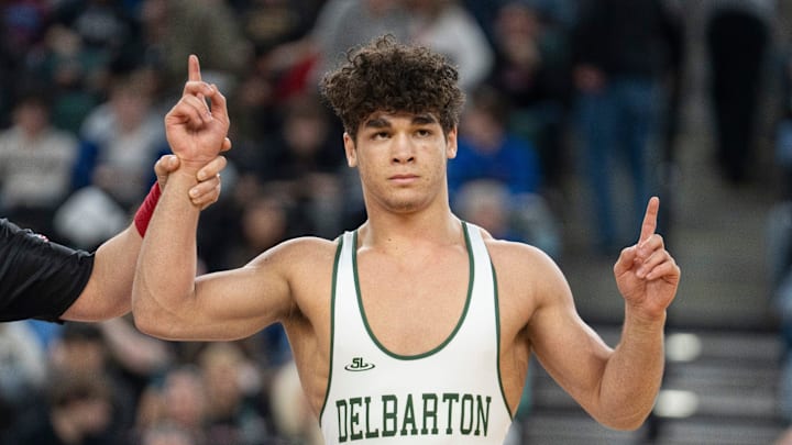 Delbarton High wrestler Jayden James celebrates after winning the 165-pound title at the NJ SIAA Boys Wrestling State Championships.