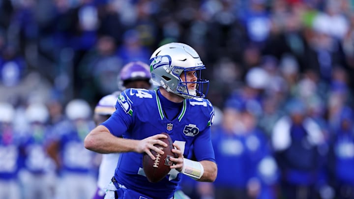Nov 30, 2025; Seattle, Washington, USA; Seattle Seahawks quarterback Sam Darnold (14) drops back to make a pass during the second half against the Minnesota Vikings at Lumen Field. Mandatory Credit: Kevin Ng-Imagn Images Nov 30, 2025; Seattle, Washington, USA; Seattle Seahawks quarterback Sam Darnold (14) drops back to make a pass during the second half against the Minnesota Vikings at Lumen Field. Mandatory Credit: Kevin Ng-Imagn Images