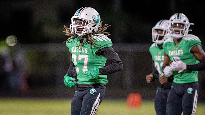 Atlantic's Tavius Horne Jr., leads the defense off the field against Miramar on November 22, 2024, in Delray Beach, Florida.