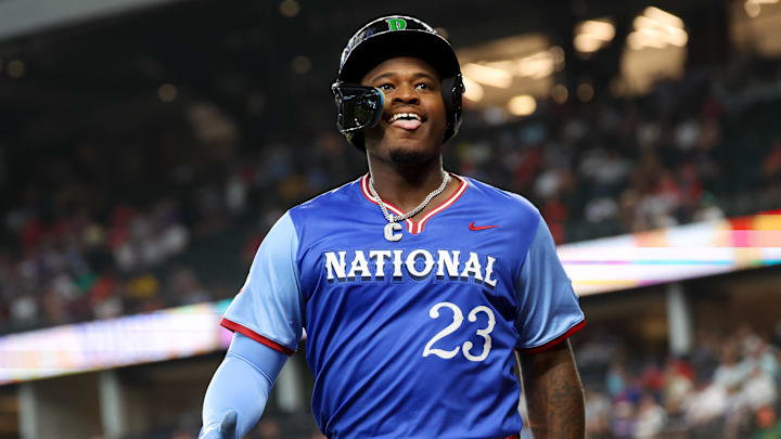 Jul 13, 2024; Arlington, TX, USA;  National League Future infielder Cam Collier (23) reacts after hitting a home run during the third inning against the National League Future team during the Major league All-Star Futures game at Globe Life Field.  Mandatory Credit: Kevin Jairaj-Imagn Images