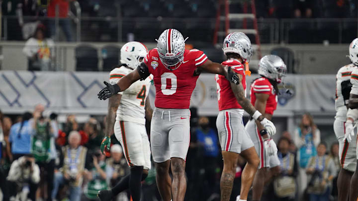 Dec 31, 2025; Arlington, TX, USA; Ohio State Buckeyes linebacker Sonny Styles (0) reacts in the in the second quarter against the Miami Hurricanes during the 2025 Cotton Bowl and quarterfinal game of the College Football Playoff at AT&T Stadium. Mandatory Credit: Raymond Carlin III-Imagn Images