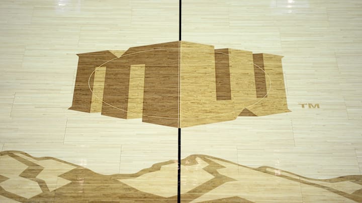  A detailed view of the midcourt logo during the first half of a Mountain West Conference tournament game between the UNLV Rebels and Boise State Broncos at Thomas Mack Center. Mandatory Credit: Orlando Ramirez-Imagn Images