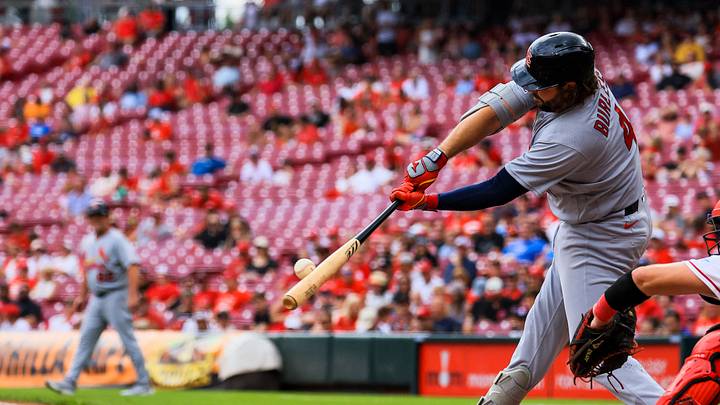 Aug 17, 2026; Cincinnati, Ohio, USA; St. Louis Cardinals first baseman Alec Burleson (41) hits a single in the third inning against the Cincinnati Reds at Great American Ball Park. Mandatory Credit: Katie Stratman-Imagn Images