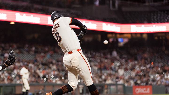 Sep 7, 2026; San Francisco, California, USA;  San Francisco Giants infielder Bryce Eldridge (8) hits an RBI single to score outfielder Turner Hill (not pictured) against St. Louis Cardinals pitcher Riley O'Brien (not pictured) during the tenth inning at Oracle Park.  Mandatory Credit: John Hefti-Imagn Images