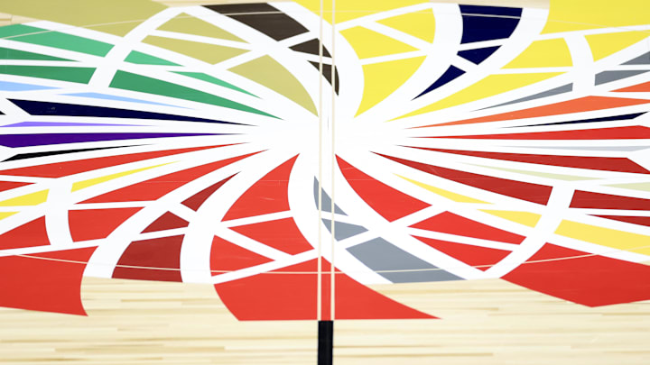 Mar 10, 2021; Indianapolis, Indiana, USA; A view of the Big Ten Conference Tournament logo at center