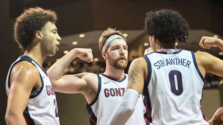 Dec 2, 2022; Sioux Falls, South Dakota, USA;  Gonzaga Bulldogs guard Julian Strawther (0) reacts