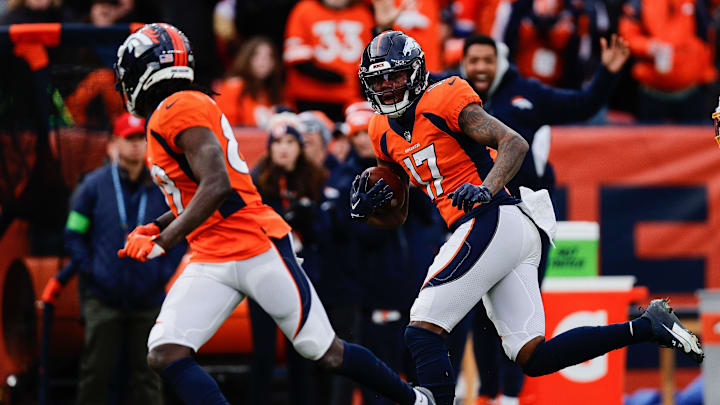 Dec 31, 2023; Denver, Colorado, USA; Denver Broncos wide receiver Lil'Jordan Humphrey (17) runs for a touchdown. 