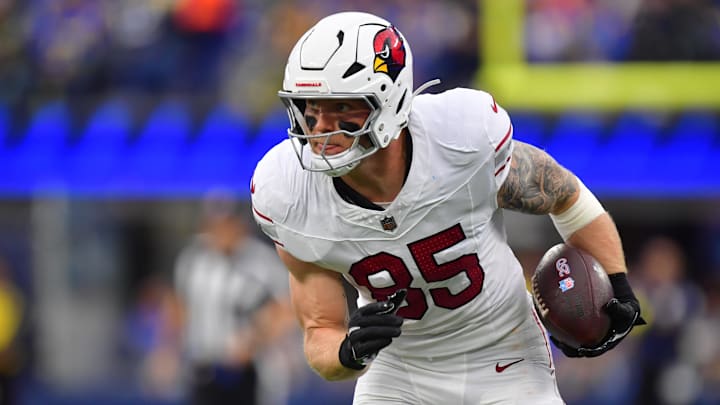 Jan 4, 2026; Inglewood, California, USA;  Arizona Cardinals tight end Trey McBride (85) runs after the catch against the Los Angeles Rams during the first half at SoFi Stadium. Mandatory Credit: Gary A. Vasquez-Imagn Images