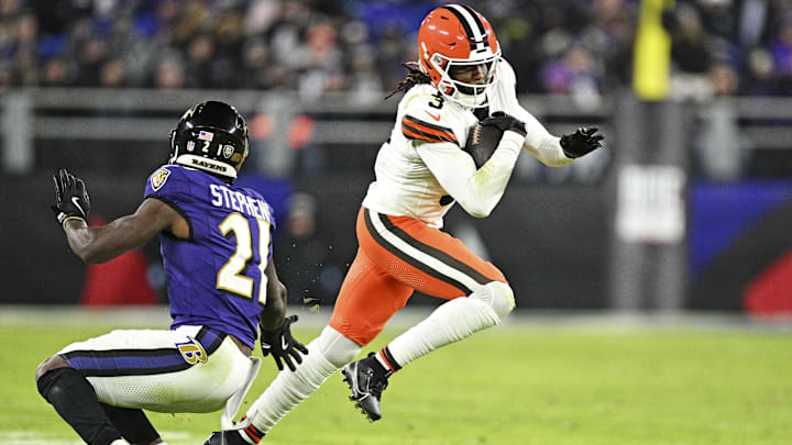 Jan 4, 2025; Baltimore, Maryland, USA; Cleveland Browns wide receiver Jerry Jeudy (3) runs with the ball during the fourth quarter as Baltimore Ravens cornerback Brandon Stephens (21) attempts a block at M&T Bank Stadium. Mandatory Credit: Tommy Gilligan-Imagn Images