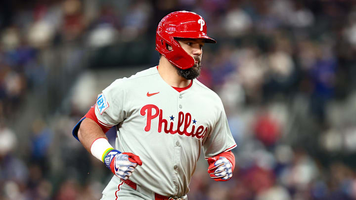 Aug 8, 2025; Arlington, Texas, USA;  Philadelphia Phillies designated hitter Kyle Schwarber (12) runs the bases after hitting a home run during the first inning against the Texas Rangers at Globe Life Field. Mandatory Credit: Kevin Jairaj-Imagn Images