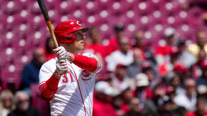 Cincinnati Reds designated hitter Nathaniel Lowe (31) hits a solo home run in the second inning of the MLB National League game between the Cincinnati Reds and the Colorado Rockies at Great American Ball Park in downtown Cincinnati on Thursday, April 30, 2026.