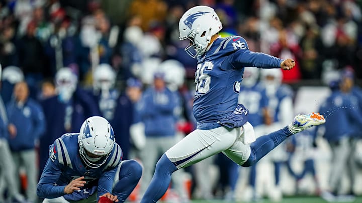 Nov 13, 2025; Foxborough, Massachusetts, USA; New England Patriots kicker Andy Borregales (36) makes the extra point against the New York Jets in the second quarter at Gillette Stadium. Mandatory Credit: David Butler II-Imagn Images Nov 13, 2025; Foxborough, Massachusetts, USA; New England Patriots kicker Andy Borregales (36) makes the extra point against the New York Jets in the second quarter at Gillette Stadium. Mandatory Credit: David Butler II-Imagn Images