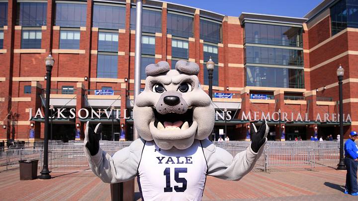 Mar 21, 2019; Jacksonville, FL, USA; The Yale Bulldogs mascot poses before a game against the LSU Tigers in the first round of the 2019 NCAA Tournament at Jacksonville Veterans Memorial Arena. Mandatory Credit: Matt Stamey-Imagn Images Mar 21, 2019; Jacksonville, FL, USA; The Yale Bulldogs mascot poses before a game against the LSU Tigers in the first round of the 2019 NCAA Tournament at Jacksonville Veterans Memorial Arena. Mandatory Credit: Matt Stamey-Imagn Images