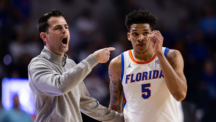 Feb 28, 2024; Gainesville, Florida, USA; Florida Gators head coach Todd Golden screams with Florida