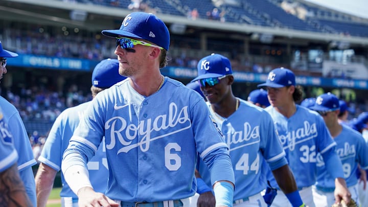 Jul 16, 2023; Kansas City, Missouri, USA; Kansas City Royals right fielder Drew Waters (6) and center fielder Dairon Blanco (44) and first baseman Nick Pratto (32) celebrate after the win over the Tampa Bay Rays during the game at Kauffman Stadium. Mandatory Credit: Denny Medley-Imagn Images