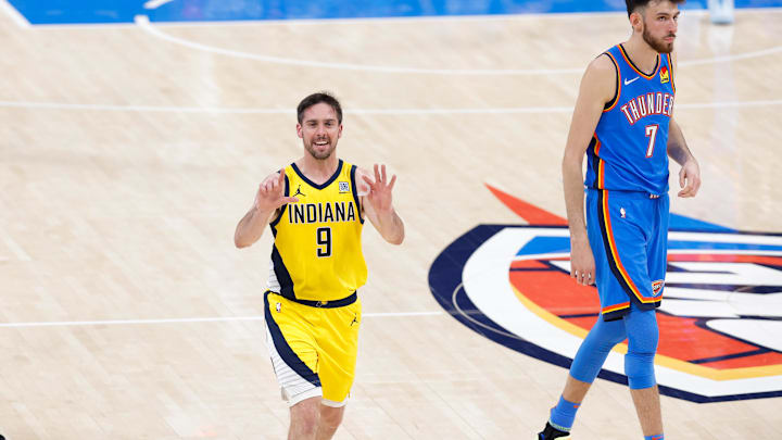 Jun 22, 2025; Oklahoma City, Oklahoma, USA; Indiana Pacers guard T.J. McConnell (9) reacts during the first half of game seven of the 2025 NBA Finals against the Oklahoma City Thunder at Paycom Center. Mandatory Credit: Alonzo Adams-Imagn Images