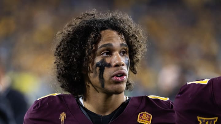 Nov 28, 2025; Tempe, Arizona, USA; Arizona State Sun Devils wide receiver Jordyn Tyson (0) against the Arizona Wildcats during the 99th Territorial Cup at Mountain America Stadium. Mandatory Credit: Mark J. Rebilas-Imagn Images