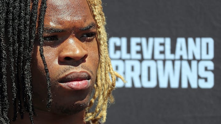 Cleveland Browns running back Quinshon Judkins (10) takes questions from reporters during NFL rookie minicamp at the Cleveland Browns training facility on Friday, May 9, 2025, in Berea, Ohio.