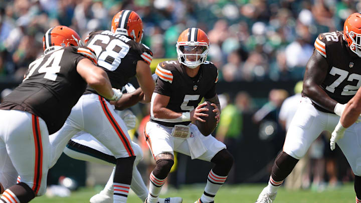 Aug 16, 2025; Philadelphia, Pennsylvania, USA; Cleveland Browns quarterback Dillon Gabriel (5) scrambles from the pocket against the Philadelphia Eagles in the first half at Lincoln Financial Field. Mandatory Credit: Kyle Ross-Imagn Images